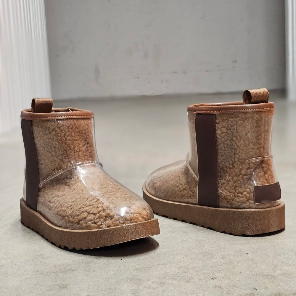 Clear Shearling-Lined Ankle Boots With Brown Trim & Rubber Sole For Women - Picture 5 of 11